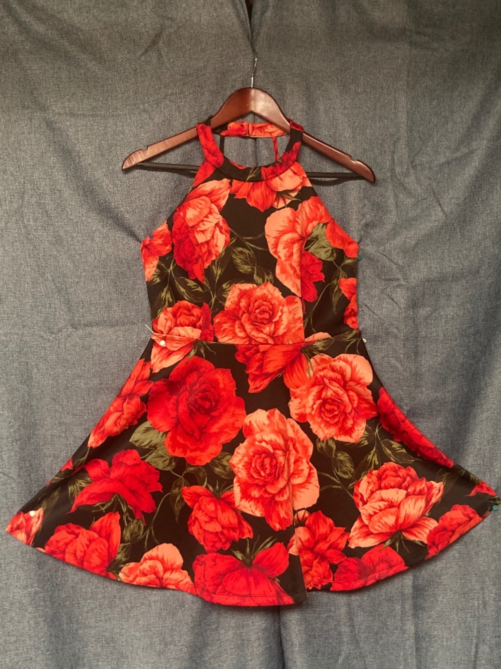 Fifty Street "Macro Rose" Floral Halter Open-Back Skater Dress - Large
